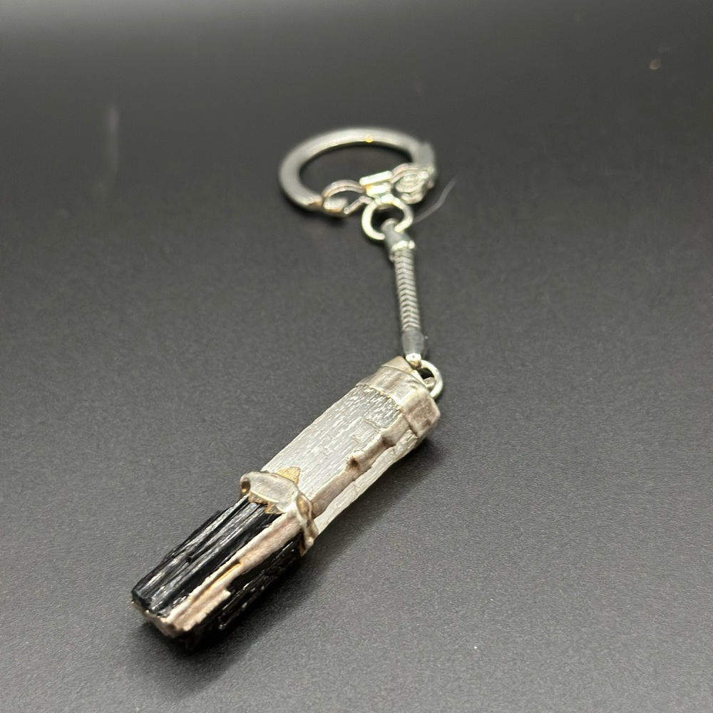 Quartz and Black Onyx Raw Stone Keychain
